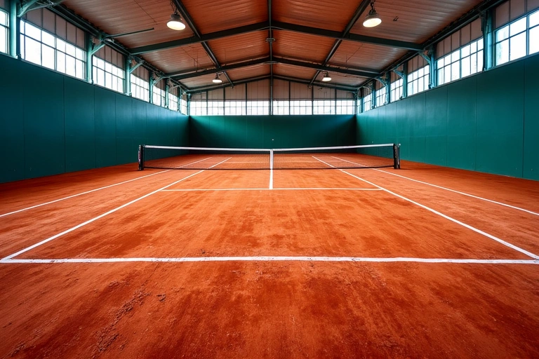 Interior view of a red clay court at TennisPro USA