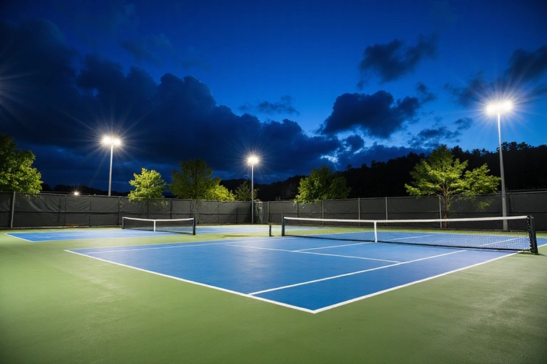 Night view of illuminated outdoor tennis courts