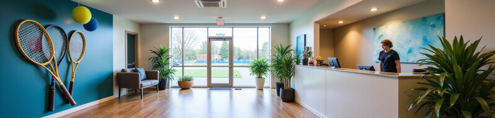 Friendly club reception area with subtle tennis elements