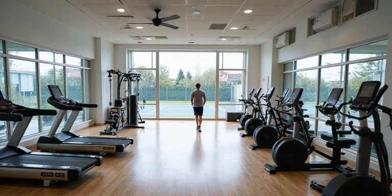 Modern fitness center adjacent to tennis courts