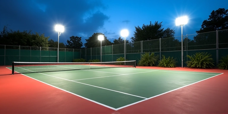 Outdoor hard court under professional lighting at dusk