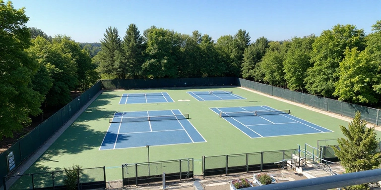 View of multiple outdoor courts from a spectator area