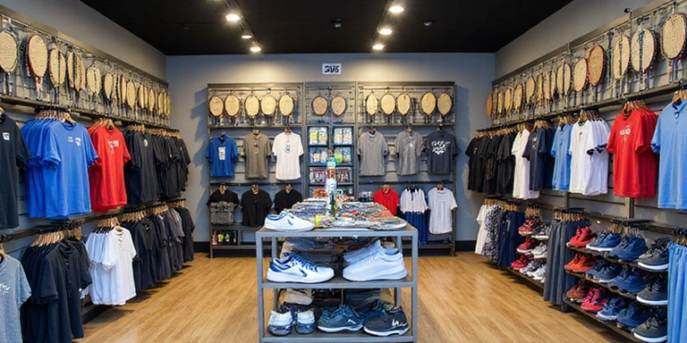 Well-stocked pro-shop with tennis equipment and apparel