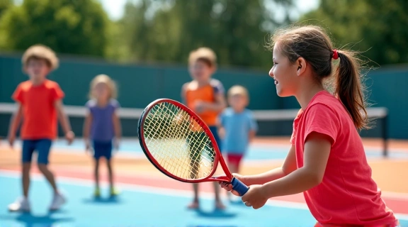 Kids playing mini tennis on a colorful court
