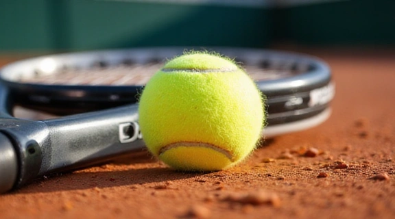 Tennis racket and ball on a clay court