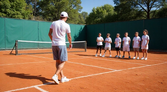 Tennis instructor demonstrating a serve