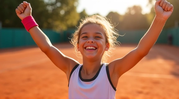 Young tennis player celebrating a victory