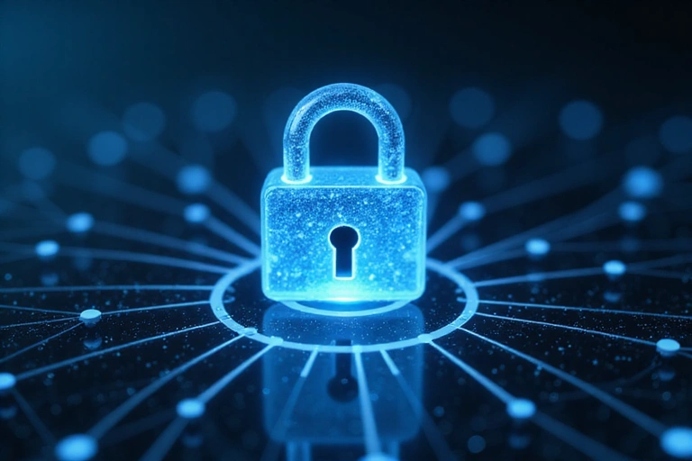 A secure digital lock with data flowing around it, representing data protection and secure sharing.