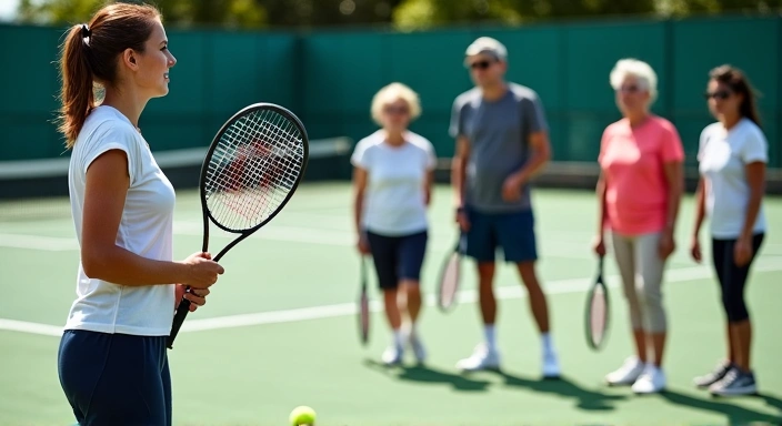 A group of enthusiastic beginners learning tennis fundamentals on a sunny court.