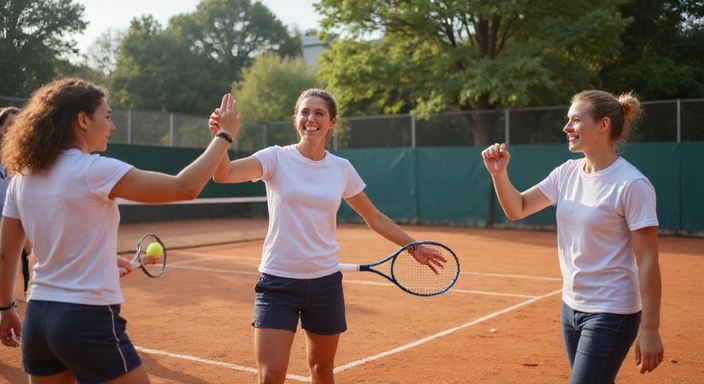Adults enthusiastically competing in a friendly tennis league match.