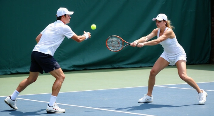 Advanced tennis players executing powerful shots during an intense training session.
