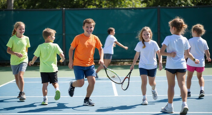 Smiling children and teenagers participating in a lively junior tennis camp.