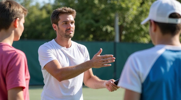 Tennis coach demonstrating a technique during a clinic